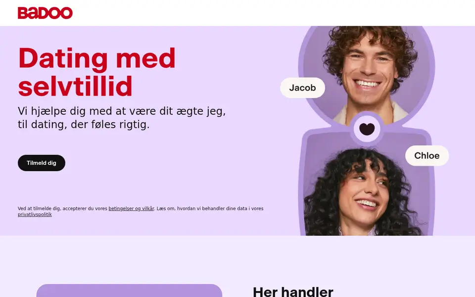 Badoo anmeldelse: den danske forside med «Dating med selvtillid» og knappen Tilmeld dig