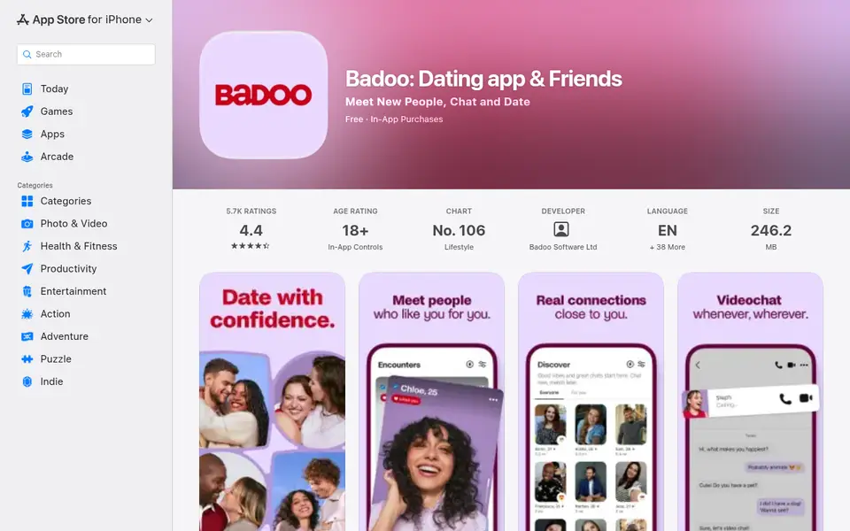 Badoo anmeldelse: Badoo i App Store med 4,4 stjerner, aldersgrænsen 18+ og udvikleren Badoo Software Ltd