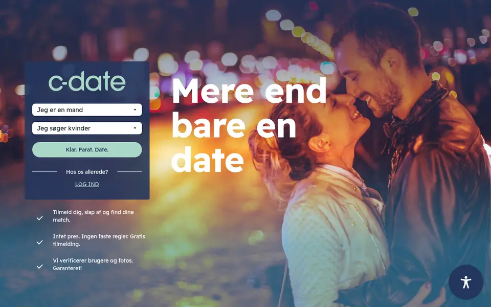 C-Date anmeldelse: forsiden af c-date.dk med gratis tilmelding og løftet om verificerede brugere og fotos