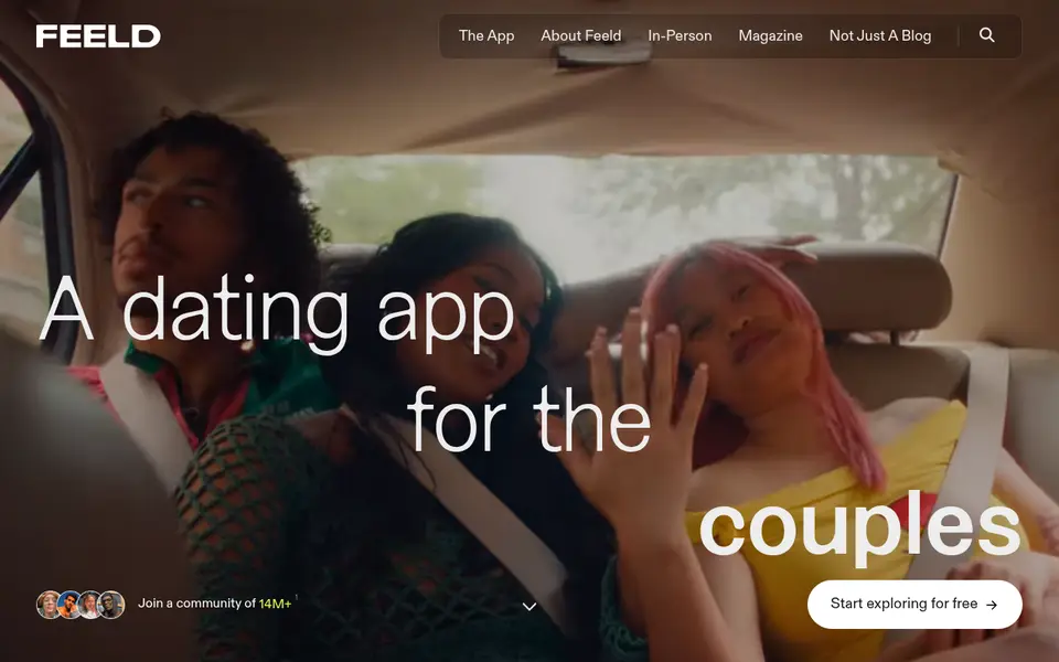 Feeld anmeldelse: forsiden af feeld.co, hvor Feeld kalder sig en datingapp for par og åbensindede