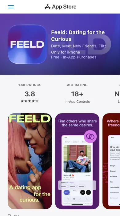 Feeld anmeldelse: appen i App Store på en iPhone med 3,8 af 5 og aldersgrænse 18+
