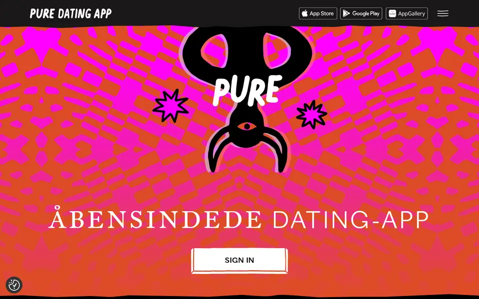 Pure anmeldelse: den danske forside på pure.app med teksten åbensindede dating-app