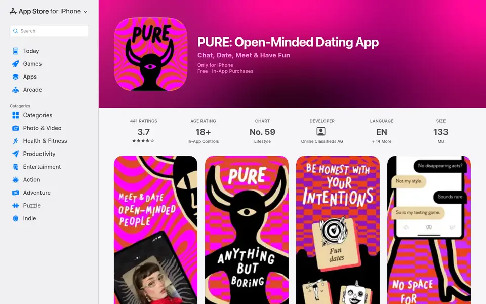 Pure anmeldelse: Pure i App Store med 3,7 af 5 fra 441 bedømmelser og aldersgrænse 18+
