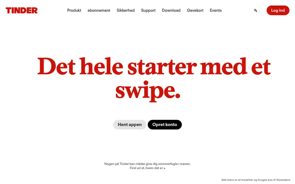 Tinder anmeldelse: forsiden af tinder.com på dansk med «Det hele starter med et swipe» og knappen Opret konto