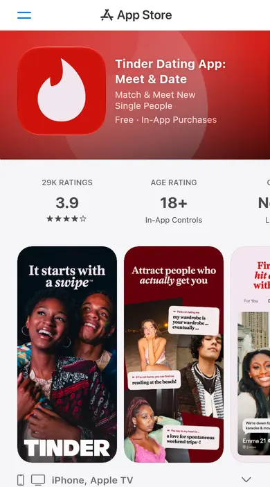 Tinder anmeldelse på mobilen: Tinder i App Store med 3,9 stjerner og aldersgrænsen 18+