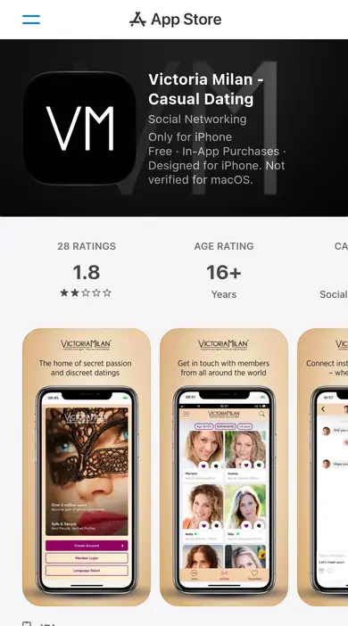 Victoria Milan anmeldelse på mobilen: appen Victoria Milan - Casual Dating i App Store med 1,8 stjerner og 28 bedømmelser